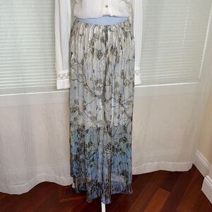 Anthropologie M Light Blue Gold Gray Black Metallic Sheer Chiffon Maxi Skirt